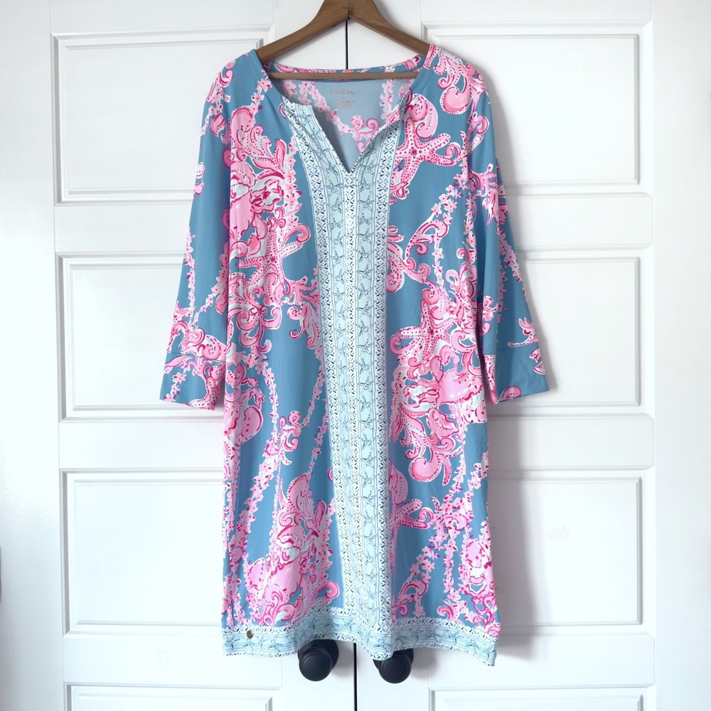 Lilly Pulitzer Chilly Lilly Nadine Dress XL Blue UPF 50+ Stretch Floral Sea Life
